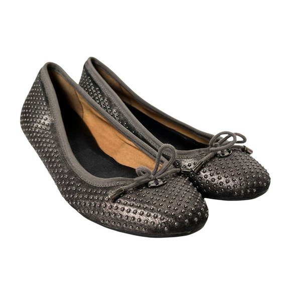 Coach Lara Studded Gray Leather Metallic Slip On Comfort Lace Ballet Flats 6 B - Picture 1 of 10